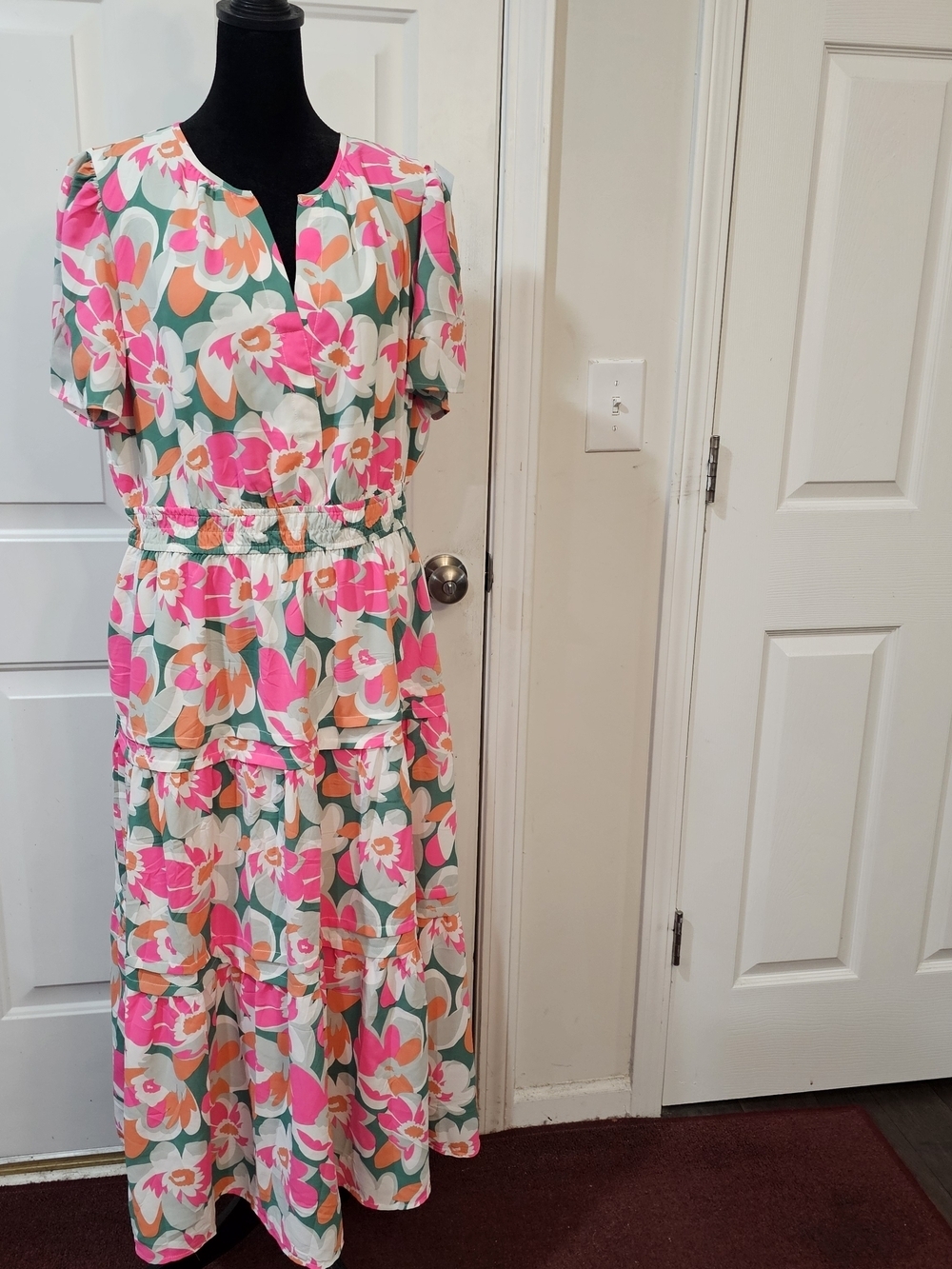 PrettyGarden Pink & Green Floral Maxi Dress with Elastic Waist Size Large{Bx10}